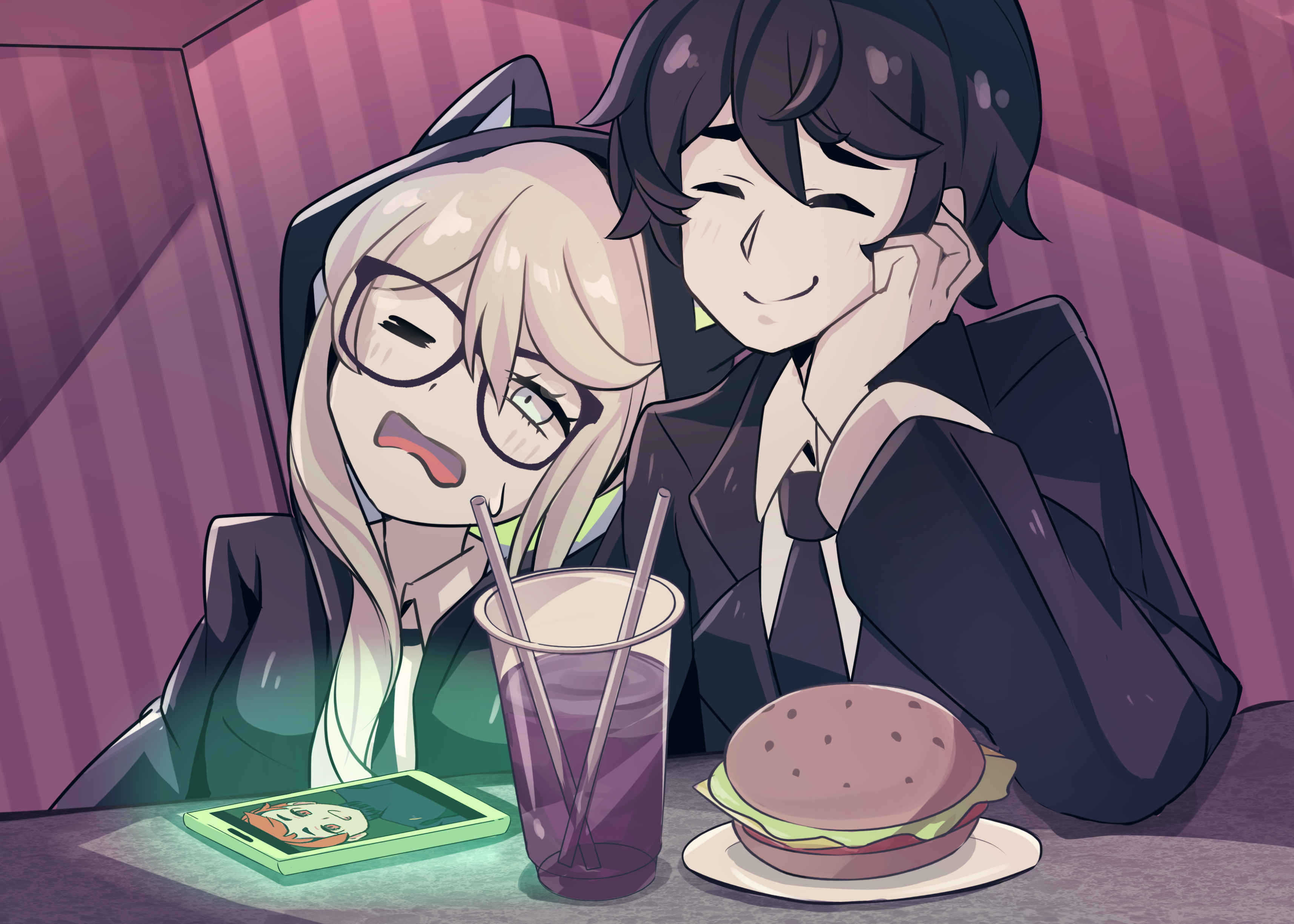 merryweather, parororo, original, absurdres, commentary, english commentary, highres, 1boy, 1girl, animal hood, black-framed eyewear, black hair, black hoodie, black jacket, black necktie, blazer, blonde hair, burger, cat hood, cellphone, closed eyes, closed mouth, collared shirt, drinking straw, elbow rest, food, glasses, hand on own cheek, hand on own face, hood, hoodie, jacket, leaning on person, long sleeves, necktie, one eye closed, open mouth, phone, school uniform, shared drink, shirt, sidelocks, smartphone, smile, white shirt