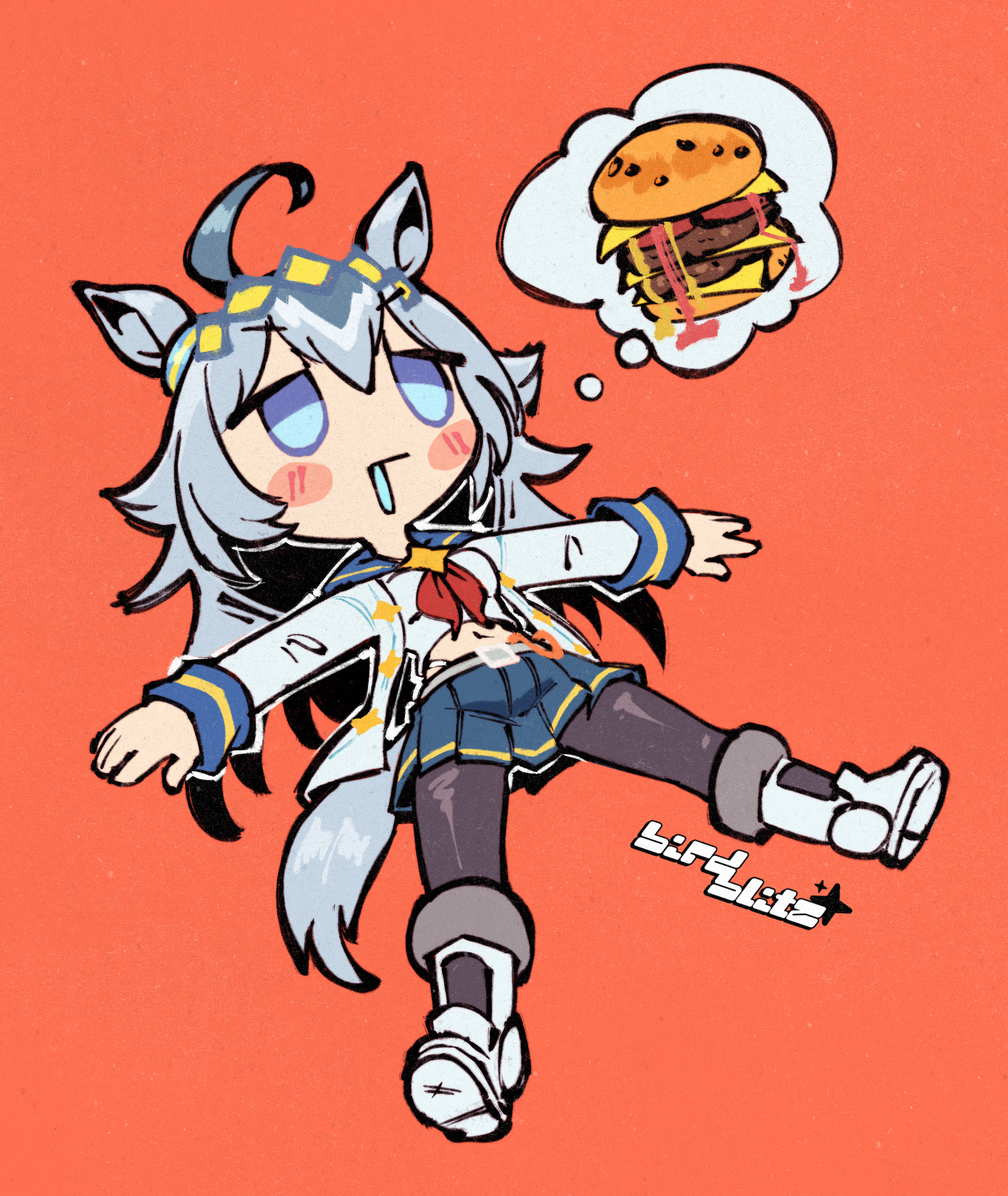 birdblitz, oguri cap (starlight beat) (umamusume), oguri cap (umamusume), umamusume, absurdres, highres, 1girl, ahoge, animal ears, black pantyhose, blue eyes, blue sailor collar, blue skirt, boots, breasts, brooch, burger, drooling, ear ornament, food, grey hair, grey tail, hair between eyes, hair ornament, hairband, horse ears, horse girl, horse tail, jacket, jewelry, long hair, long sleeves, lying, midriff, multicolored hair, navel, neckerchief, on back, open clothes, open jacket, pantyhose, pleated skirt, red neckerchief, sailor collar, saliva, shirt, simple background, skirt, solo, speech bubble, star brooch, tail, thought bubble, white boots, white jacket, white shirt