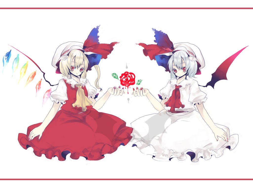 shiina aya, flandre scarlet, remilia scarlet, touhou, 2girls, bat wings, blonde hair, blue hair, bow, female focus, hat, mob cap, multiple girls, puffy short sleeves, puffy sleeves, red eyes, ribbon, short hair, short sleeves, siblings, side ponytail, sisters, smile, wings