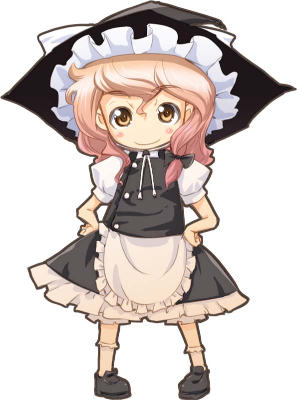 heijitsu (paapuu), kirisame marisa, touhou, jpeg artifacts, 1girl, apron, blonde hair, blush stickers, chibi, child, female focus, gradient hair, hands on own hips, hat, multicolored hair, pigeon-toed, pink hair, smile, solo, standing, witch, witch hat