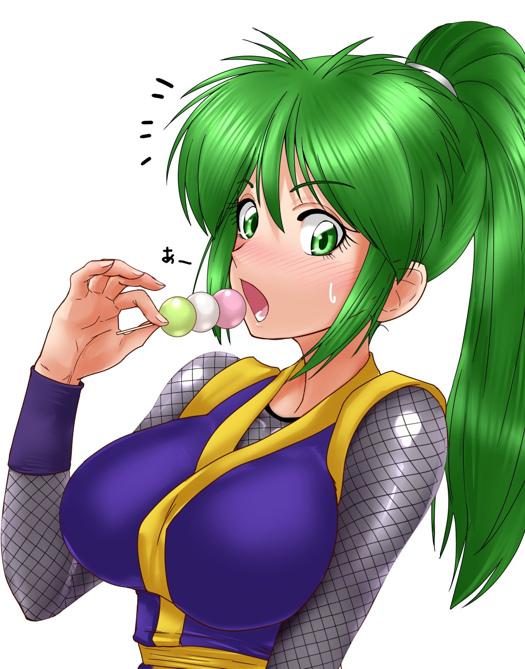 yae (ganbare goemon), ganbare goemon, highres, 1girl, breasts, dango, fishnets, food, green eyes, green hair, japanese clothes, large breasts, long hair, looking at viewer, ninja, open mouth, simple background, solo, very long hair, wagashi, white background