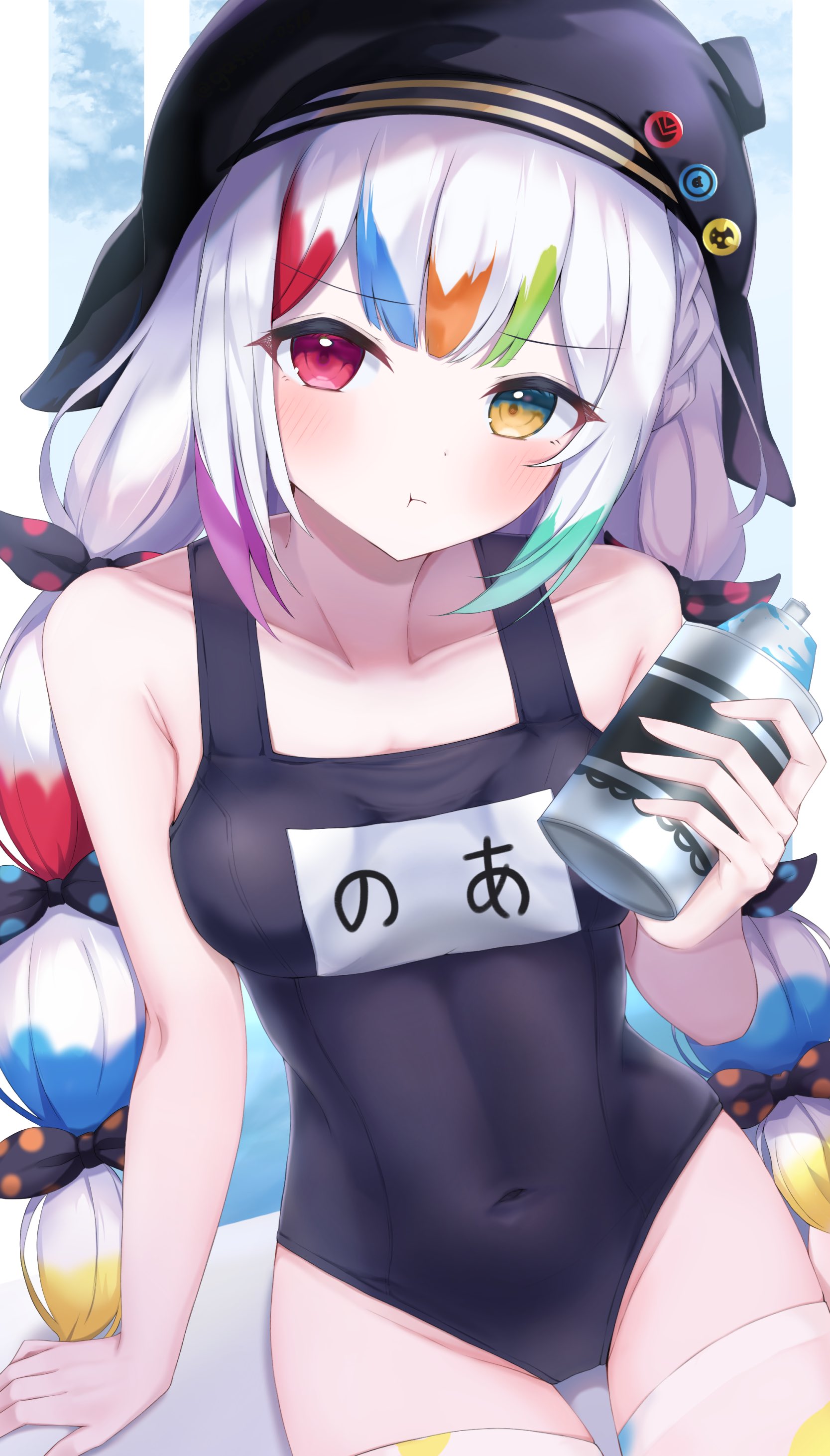 maddo (gasser 0518), jogasaki noah, mahou shoujo no majo saiban, absurdres, highres, 1girl, artist painter, beret, black one-piece swimsuit, bow, breasts, covered navel, hat, heterochromia, holding, holding spray can, looking at viewer, magical girl, multi-tied hair, name tag, new school swimsuit, one-piece swimsuit, polka dot, polka dot bow, pout, red eyes, school swimsuit, simple background, sitting, solo, spray can, swimsuit, thighhighs, white hair, white thighhighs, yellow eyes
