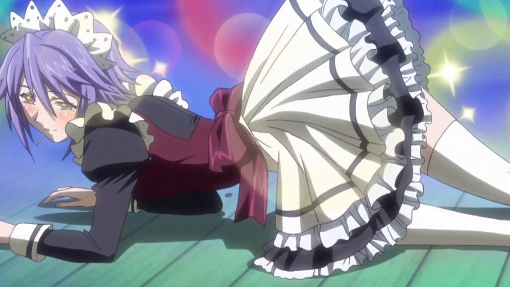 shirayuki mizore, rosario+vampire, 00s, 1girl, all fours, blue eyes, blush, candy, female focus, food, gloves, jewelry, lollipop, maid, midriff, necklace, purple hair, short hair, skirt, smile, solo, thighhighs