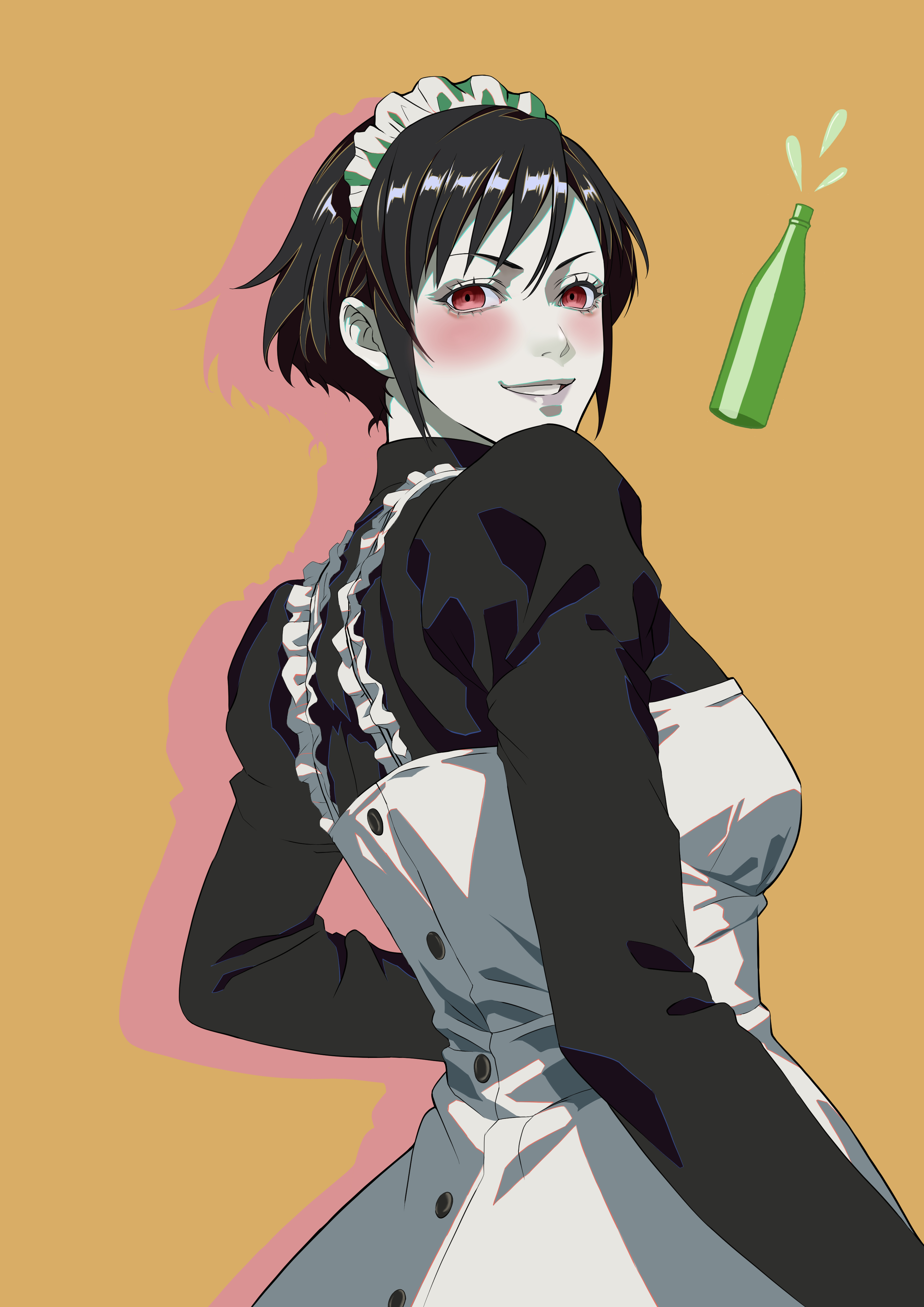macossa, mary (soul hackers), devil summoner: soul hackers, devil summoner (series), shin megami tensei, absurdres, highres, 1girl, apron, black hair, black shirt, black sleeves, blush, bottle, colored skin, long sleeves, looking at viewer, looking to the side, maid, maid headdress, pale skin, puffy sleeves, red eyes, shirt, short hair, smile, solo, white skin, wine bottle