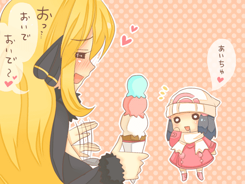 nocchi (noda), cynthia (pokemon), dawn (pokemon), nintendo, pokemon, pokemon dppt, bad id, bad pixiv id, lowres, translated, ''', 00s, 2girls, age difference, alternate costume, beckoning, blonde hair, blue hair, blush, chibi, food, full body, hat, heart, ice cream, long hair, multiple girls, pedophile, saliva, speech bubble, take it home, winter clothes, you gonna get raped