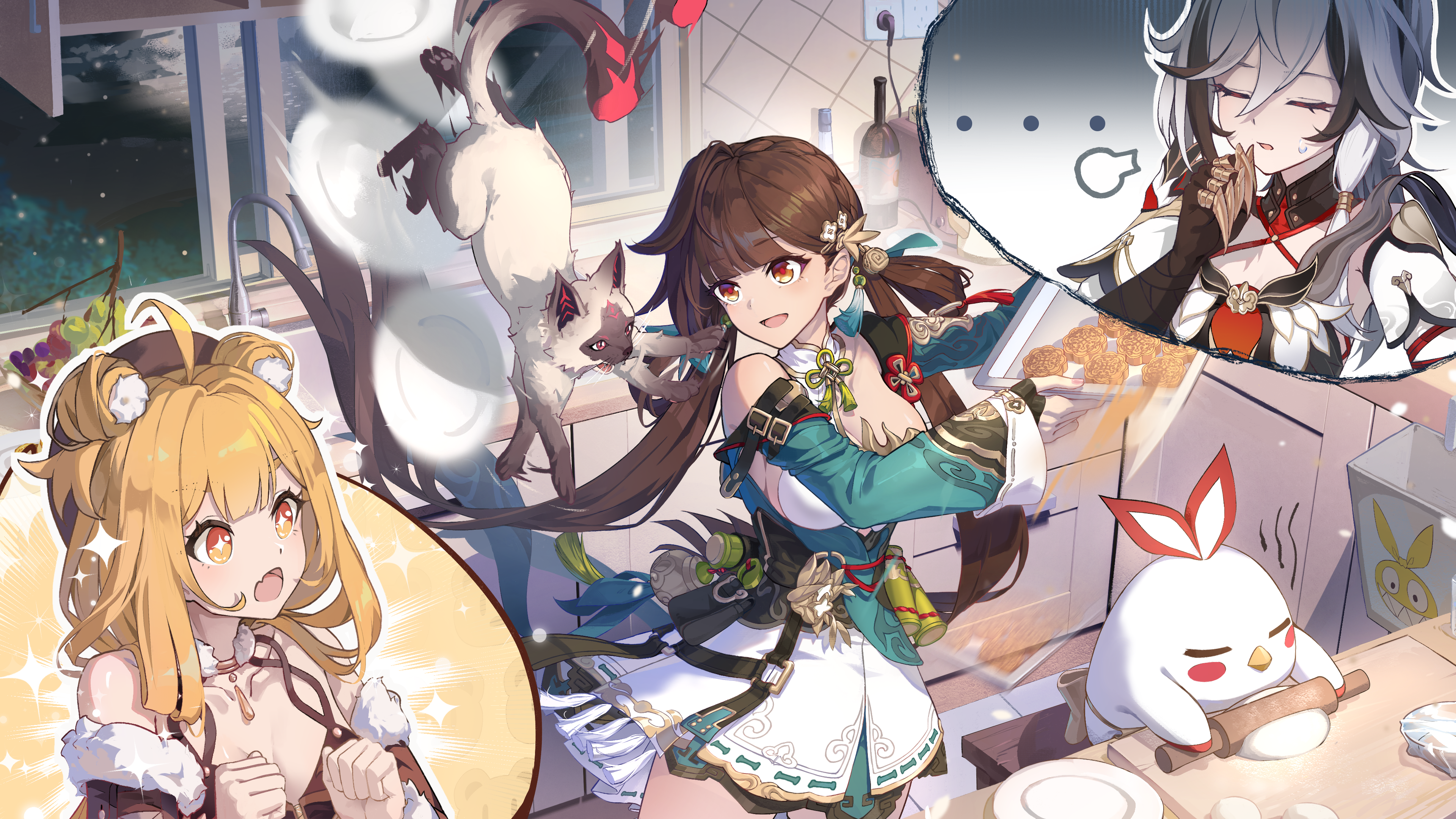 caisena, fu hua, fu hua (crane of taixuan), fu hua (fenghuang of vicissitude), fu hua (garuda), jingwei (bird), li sushang, li sushang (peregrine sword), susannah manatt, susannah manatt (bear squad go!), susannah manatt (valkyrie quicksand), honkai (series), honkai impact 3rd, absurdres, highres, official art, second-party source, + +, 3girls, ahoge, black gloves, blonde hair, breasts, brown hair, cat, china dress, chinese clothes, double bun, dress, fingerless gloves, floating hair, food, gloves, hair bun, long hair, multiple girls, open mouth, smile, twintails