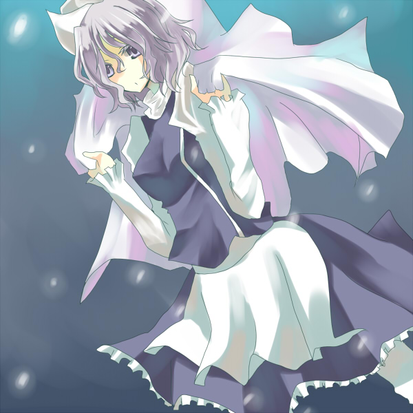 suzumura tomo, letty whiterock, touhou, 1girl, female focus, gradient background, purple eyes, purple hair, short hair, solo, standing