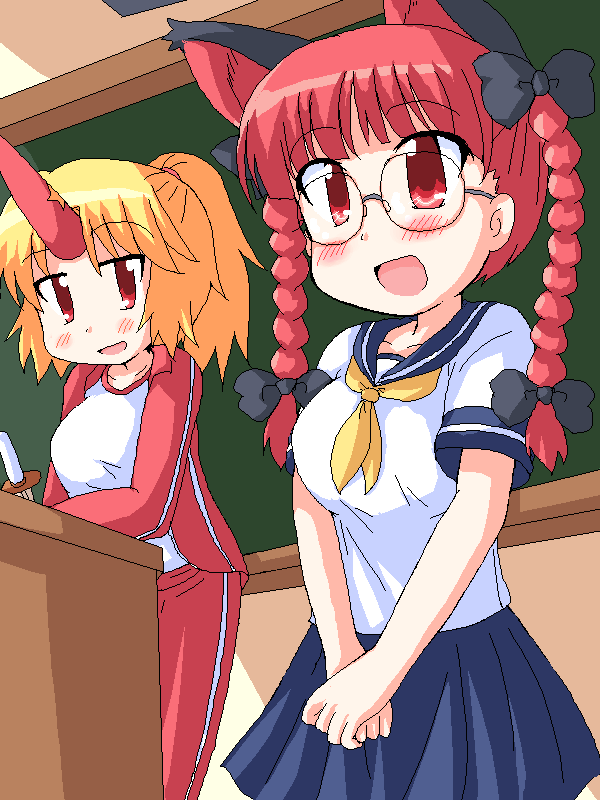 geetsu, hoshiguma yuugi, kaenbyou rin, touhou, 2girls, alternate costume, alternate hairstyle, animal ears, bespectacled, blonde hair, blush, braid, cat ears, cat girl, chalkboard, classroom, contemporary, female focus, glasses, horns, long hair, multiple girls, ponytail, red eyes, red hair, ribbon, school, school uniform, single horn, twin braids