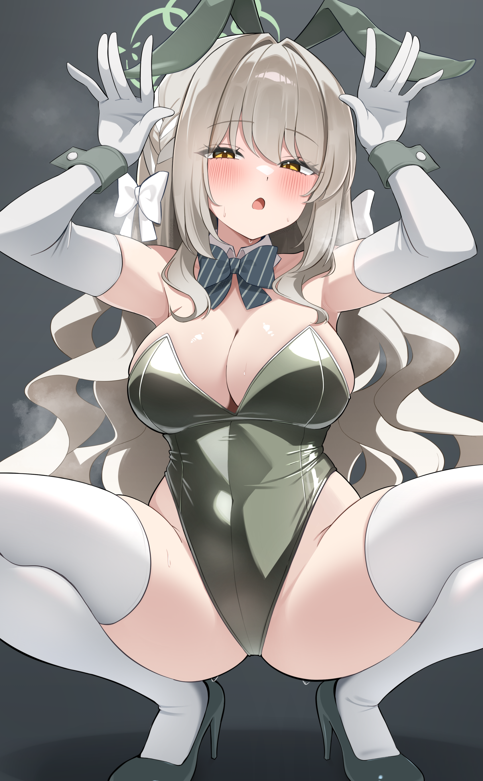 lelex, miyo (blue archive), blue archive, absurdres, commentary request, highres, textless version, 1girl, alternate costume, animal ears, blush, bow, bowtie, breasts, brown hair, detached collar, fake animal ears, gloves, large breasts, looking at viewer, playboy bunny, rabbit ears, solo, squatting, thighhighs, white gloves, white thighhighs, yellow eyes
