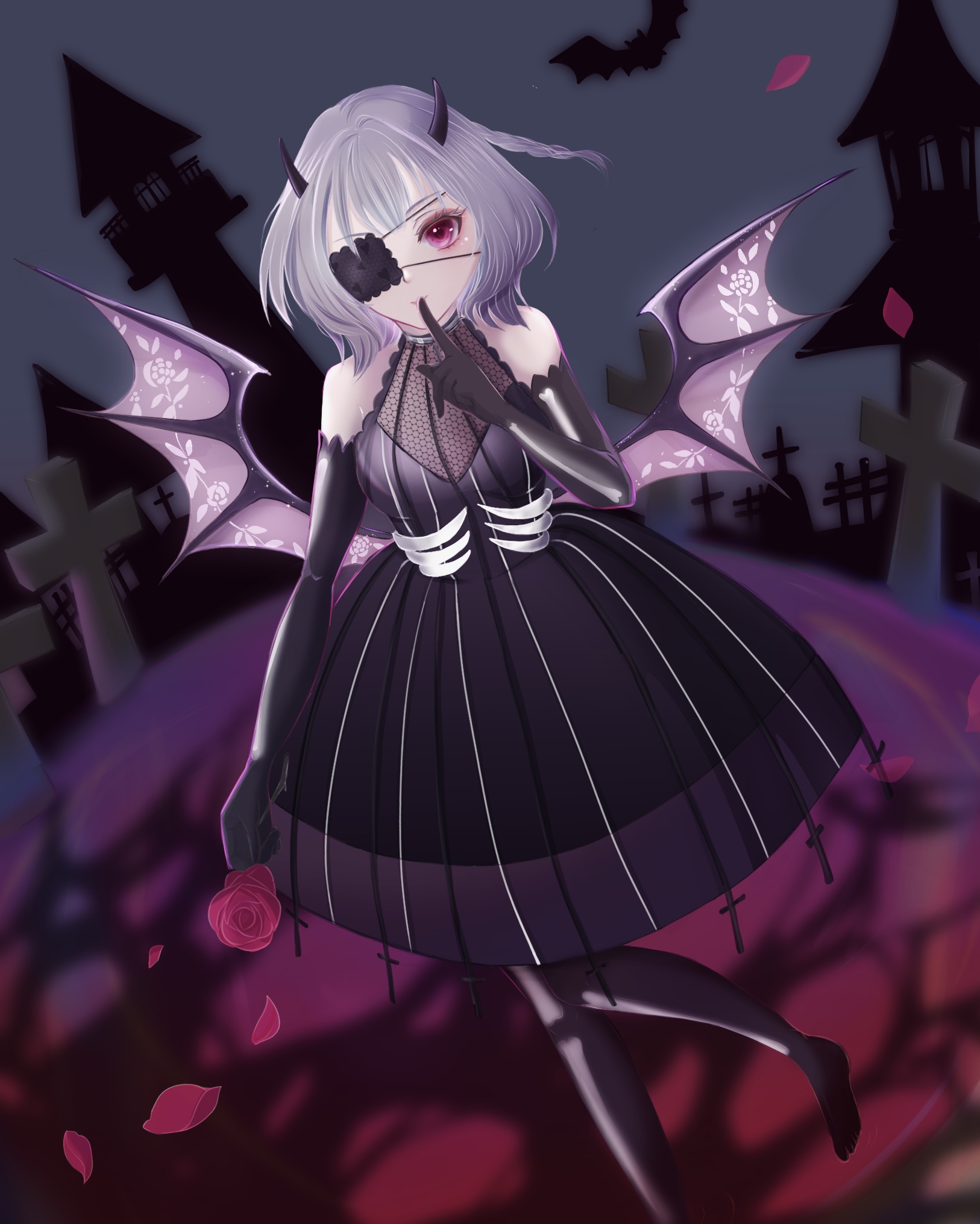 nikki (series), shining nikki, commentary request, highres, 1girl, bare shoulders, black dress, black gloves, black horns, black pantyhose, black shoes, bone print, braid, breasts, castle, closed mouth, demon girl, demon horns, demon wings, devil's whisper (shining nikki), dress, elbow gloves, eyelashes, eyepatch, eyeshadow, finger to mouth, flats, flower, flower tattoo, foot out of frame, gloves, graveyard, grey hair, holding, holding flower, horns, lace, lace-trimmed dress, lace trim, light smile, makeup, medical eyepatch, medium dress, medium hair, night, outdoors, pantyhose, petals, pink eyes, print pantyhose, purple wings, red eyeshadow, red flower, red rose, reina (pixiv 69502114), rose, rose petals, shoes, sideboob, single braid, small horns, solo, striped clothes, striped dress, tattoo, vertical-striped clothes, vertical-striped dress, wing tattoo, wings