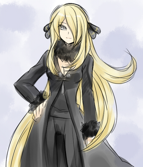 konshin, cynthia (pokemon), nintendo, pokemon, pokemon dppt, 00s, 1girl, blonde hair, breasts, cleavage, female focus, grey eyes, hair over one eye, hand on own hip, hands on own hips, hip focus, long hair, smile, solo, very long hair