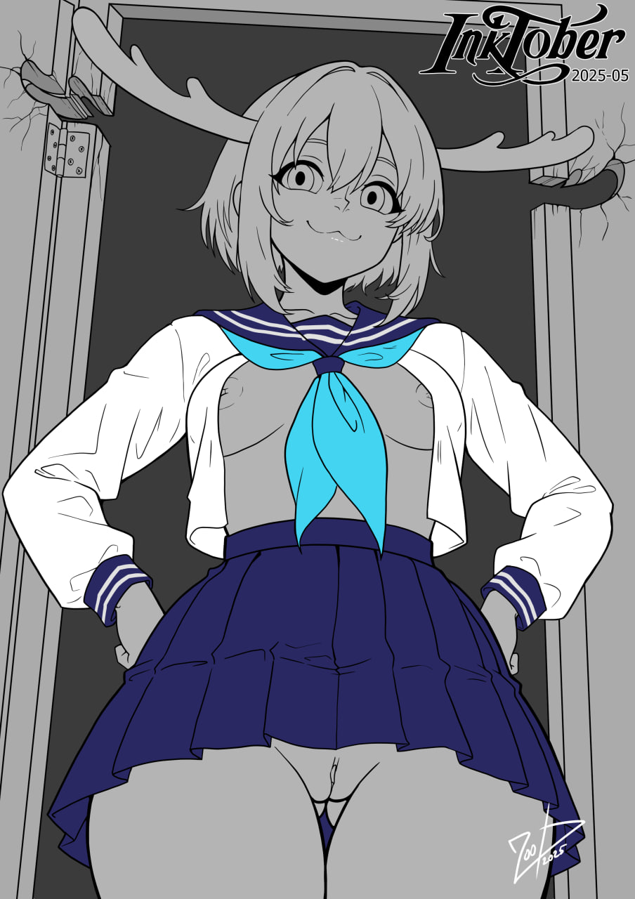 zoobastik, shikanoko noko, shikanoko nokonoko koshitantan, highres, :3, antlers, deer antlers, horns, inktober, inktober 2025, inverted nipples, necktie, nipple slip, nipples, pussy, school uniform, upskirt