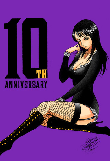 haruto umezawa, nico robin, nico robin (thriller bark), one piece, colorized, third-party edit, 1girl, black hair, boots, breasts, brown eyes, cleavage, english text, female focus, fishnet thighhighs, fishnets, high heels, large breasts, signature, sitting, solo, stiletto heels, thighhighs, thriller bark