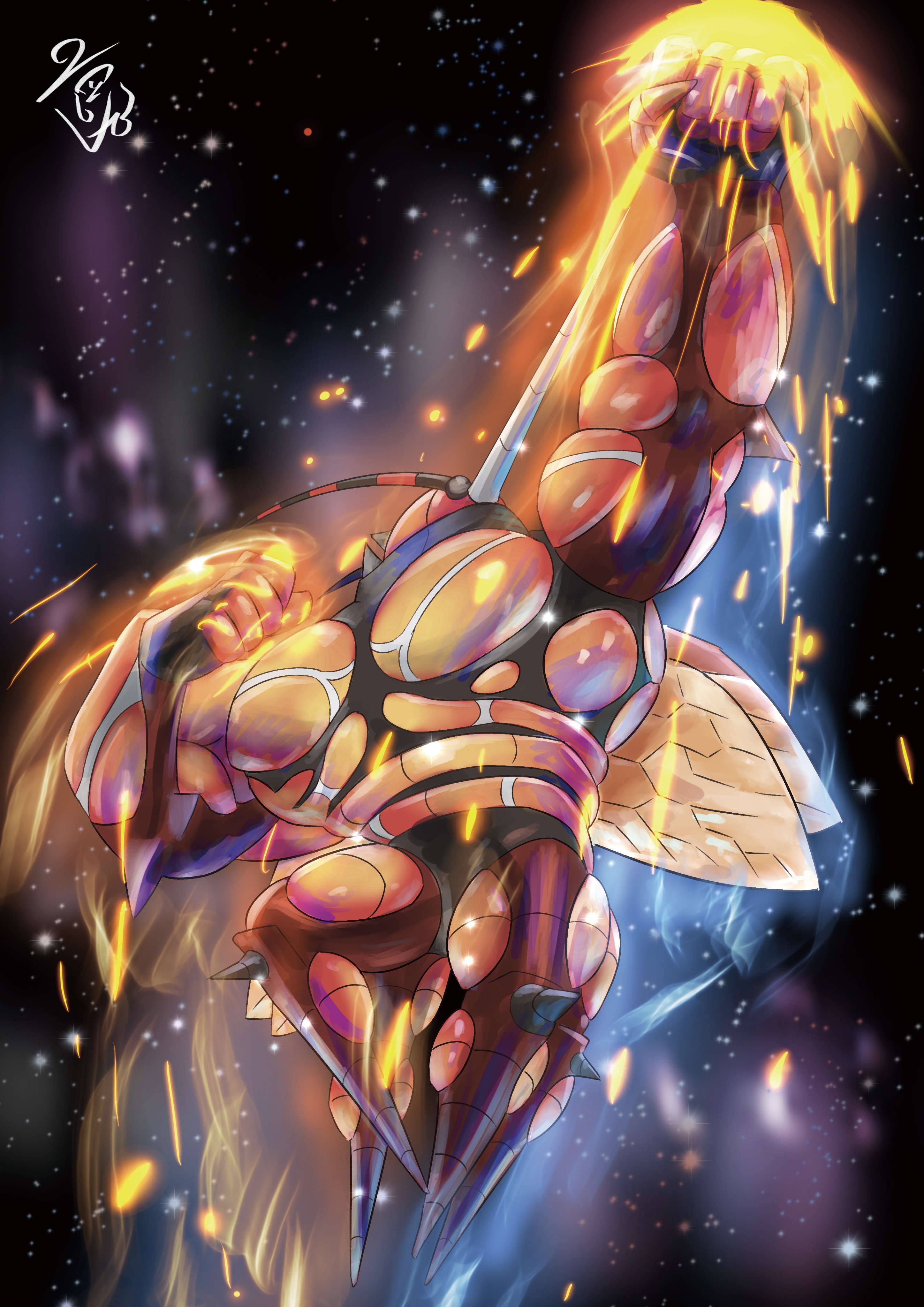 buzzwole, nintendo, pokemon, absurdres, commentary request, highres, antennae, arm up, clenched hands, embers, full body, gen 7 pokemon, insect wings, no humans, pokemon (creature), pokemon focus, proboscis, signature, solo, space, star (sky), ultra beast, wings