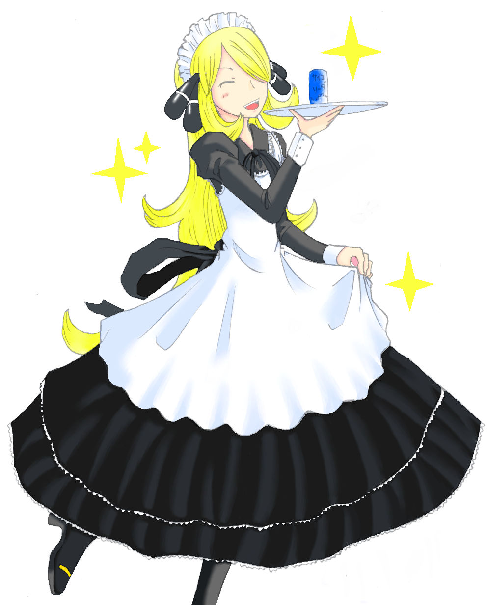 nakamu (hellkaze), cynthia (pokemon), nintendo, pokemon, pokemon dppt, bad id, bad pixiv id, highres, 00s, 1girl, apron, blonde hair, closed eyes, clothes pull, dress pull, female focus, frills, hat, long hair, maid, maid apron, pantyhose, ribbon, simple background, skirt hold, smile, solo, star (symbol), tray, white background