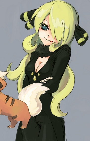 cynthia (pokemon), growlithe, nintendo, pokemon, pokemon dppt, bad id, bad pixiv id, 00s, 1girl, :p, blonde hair, breasts, cleavage, gen 1 pokemon, hair over one eye, long hair, medium breasts, pants, pokemon (creature), tongue, tongue out