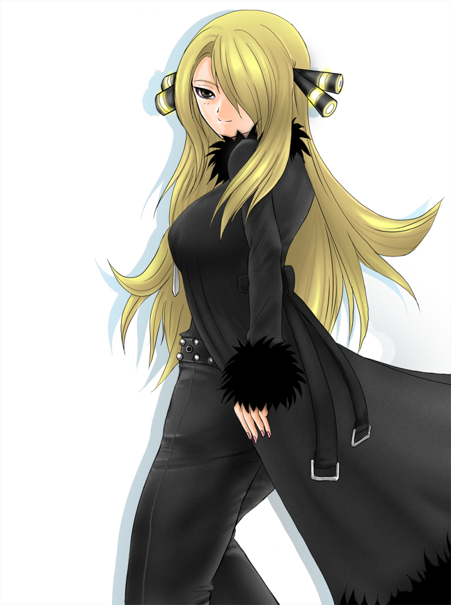 black cat crash, erugiza, cynthia (pokemon), nintendo, pokemon, pokemon dppt, bad id, bad pixiv id, 00s, 1girl, blonde hair, denim, female focus, hair over one eye, jacket, jeans, long hair, pants, simple background, smile, solo, white background