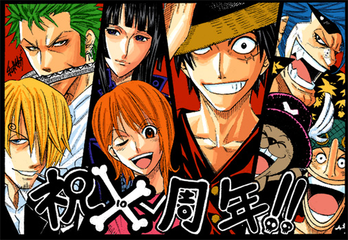 watsuki nobuhiro, franky (one piece), monkey d. luffy, nami (one piece), nico robin, roronoa zoro, sanji (one piece), tony tony chopper, usopp, one piece, eyebrows, colorized, third-party edit, 2girls, 6+boys, black hair, blonde hair, blue hair, cigarette, cut-in, earrings, everyone, eyewear on head, green hair, grin, hair over one eye, hat, jewelry, long nose, male focus, multiple boys, multiple girls, one eye closed, orange hair, scar, smile, smoking, straw hat, sunglasses
