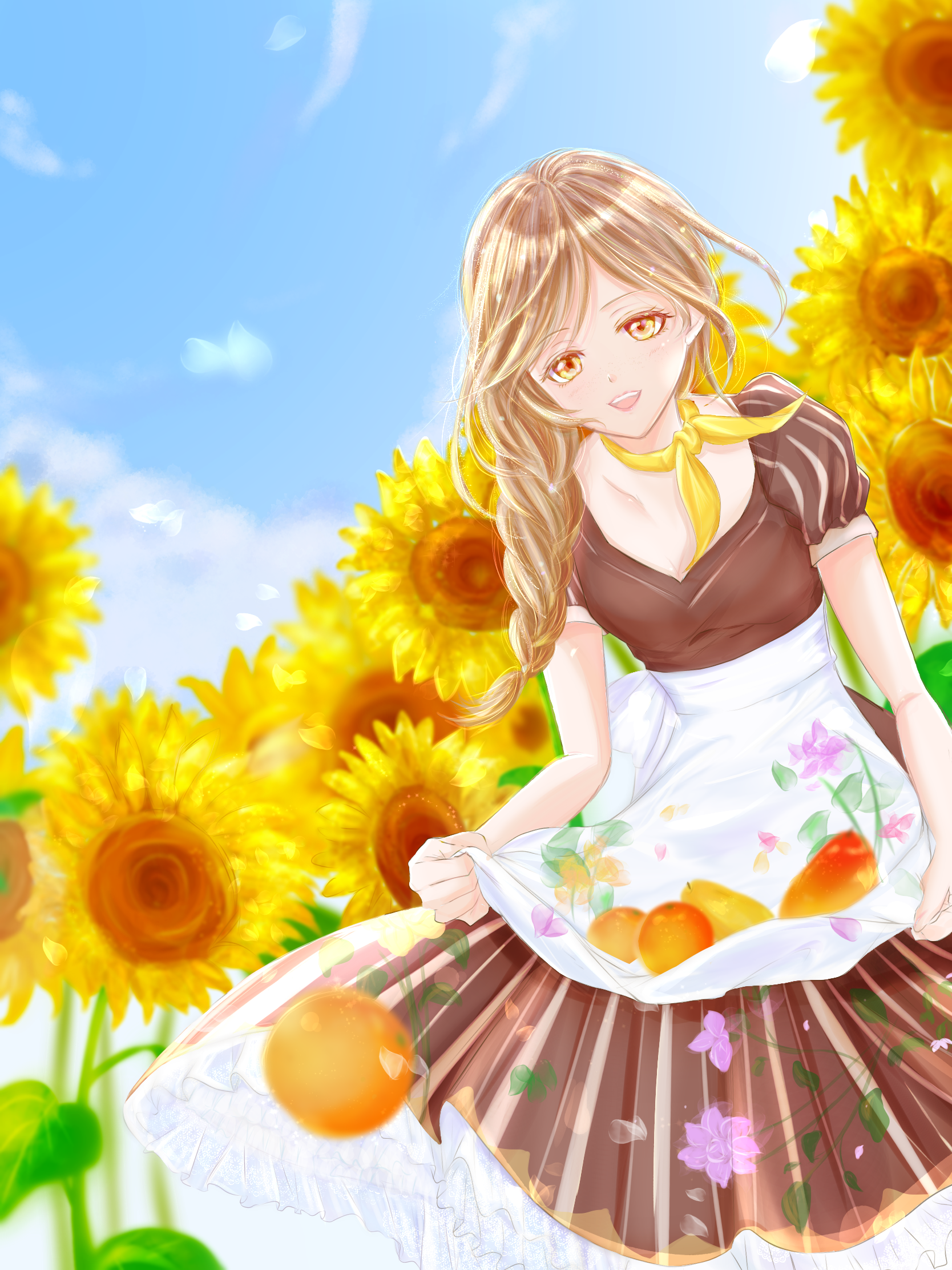 nikki (series), shining nikki, commentary request, highres, 1girl, apron, back bow, bare arms, blue sleeves, bow, braid, breasts, brown dress, brown eyes, brown hair, cleavage, cloud, collarbone, day, dot nose, dress, eyelashes, feet out of frame, floral print, flower, food, frilled dress, frills, fruit, hair over shoulder, happy, joy (shining nikki), light particles, long dress, long hair, looking at food, mango, no headwear, open mouth, orange (fruit), outdoors, pear, petticoat, print apron, print dress, puffy short sleeves, puffy sleeves, reina (pixiv 69502114), scarf, short sleeves, single braid, sitting, skirt basket, smile, solo, striped clothes, striped dress, sunflower, teeth, upper teeth only, vertical-striped clothes, vertical-striped dress, waist apron, white apron, white bow, yellow-framed eyewear, yellow scarf
