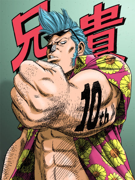 masanori morita, morita masanori, franky (one piece), one piece, colorized, third-party edit, 1boy, abs, clenched hand, hawaiian shirt, male focus, manly, monochrome, shirt, solo, sunglasses