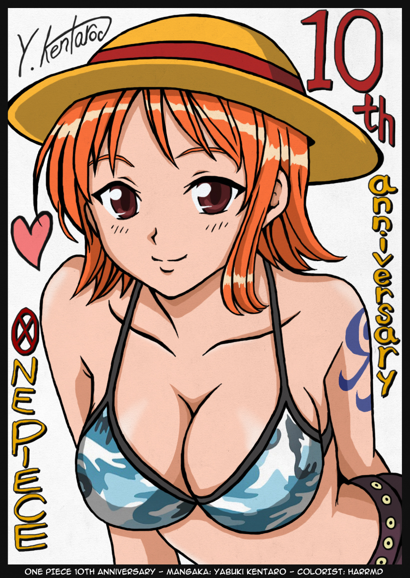 yabuki kentarou, nami (one piece), nami (one piece) (skypiea), one piece, colorized, third-party edit, 1girl, anniversary, bikini, breasts, cleavage, copyright name, female focus, hat, large breasts, orange hair, short hair, signature, skypiea, solo, straw hat, swimsuit, tattoo, white background