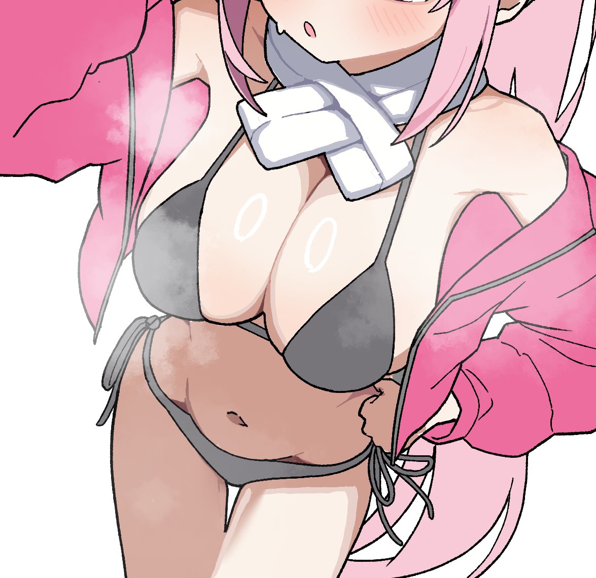 qusouzu mogari, eimi (blue archive), eimi (swimsuit) (blue archive), blue archive, 1girl, armpit crease, bare shoulders, bikini, black bikini, blush, breasts, cleavage, halterneck, hand on own hip, head out of frame, jacket, large breasts, long hair, navel, no halo, official alternate costume, open mouth, pink hair, pink jacket, scarf, side-tie bikini bottom, sidelocks, simple background, steam, steaming body, string bikini, sweat, swimsuit, thick thighs, thighs, white scarf