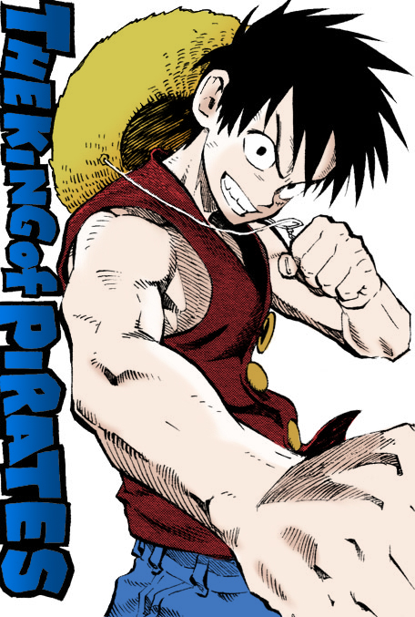 murata yuusuke, monkey d. luffy, one piece, colorized, third-party edit, 1boy, chin strap, clenched hand, clenched hands, english text, hat, male focus, monochrome, simple background, solo, spiked hair, straw hat, unworn hat, unworn headwear, white background