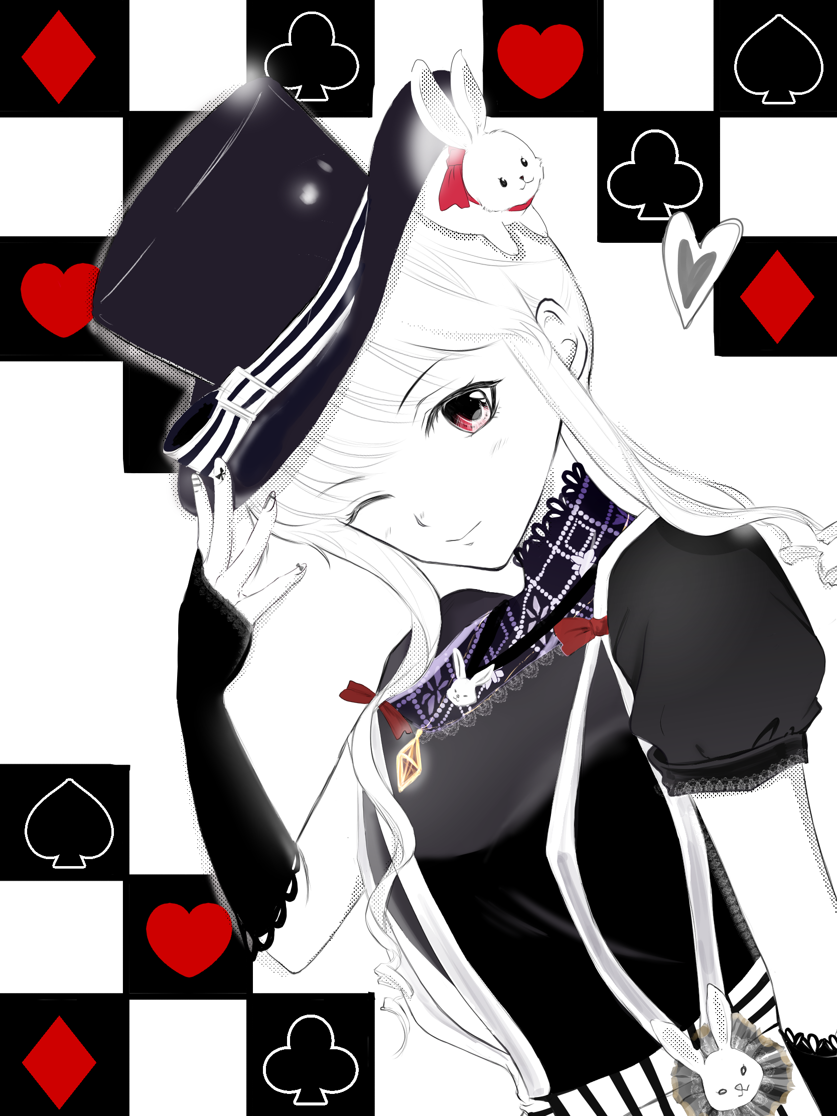 nikki (series), shining nikki, commentary, highres, 1girl, animal, animal on head, bow, brooch, closed mouth, club (shape), diamond (shape), dress, eyelashes, hand on headwear, happy, hat, heart, high-waist skirt, jewelry, lace, lace-trimmed arm warmers, lace-trimmed dress, lace trim, light smile, nail art, on head, one eye closed, partially colored, pendant, puffy short sleeves, puffy sleeves, rabbit, rabbit brooch, rabbit on head, red bow, red eyes, reina (pixiv 69502114), short hair with long locks, short sleeves, sidelocks, skirt, solo, soul magic (shining nikki), spade (shape), striped clothes, striped skirt, suspender skirt, suspenders, top hat, turtleneck, turtleneck dress, upper body, vertical-striped clothes, vertical-striped skirt, wavy hair, white background