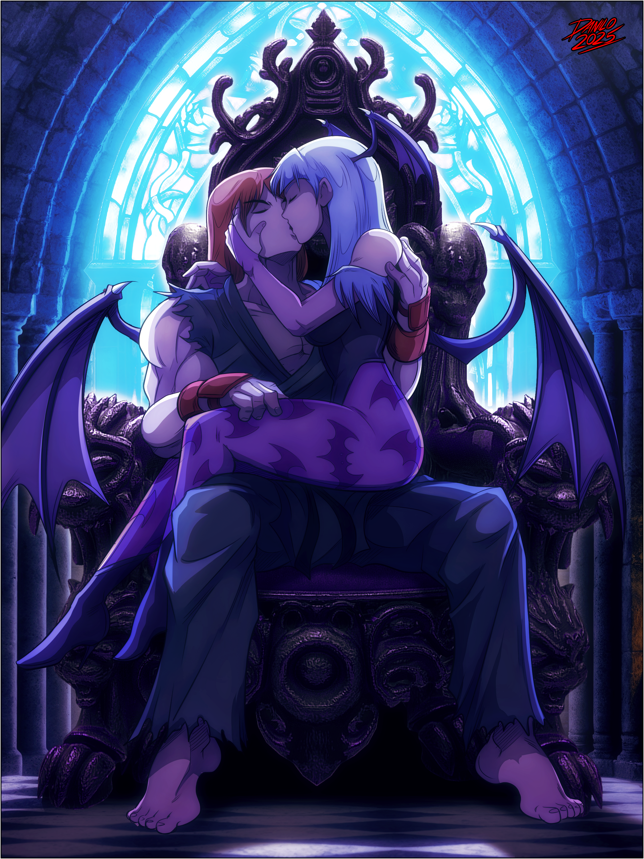 ken masters, morrigan aensland, violent ken, capcom, darkstalkers, street fighter, absurdres, highres, non-web source, barefoot, bat wings, boots, castle, couple, crossover, demon girl, french kiss, hand on another's face, hand on another's leg, hand on another's shoulder, kiss, red hair, shipping (fandom), sitting, sitting on lap, sitting on person, sitting on throne, thighhighs, throne, wings