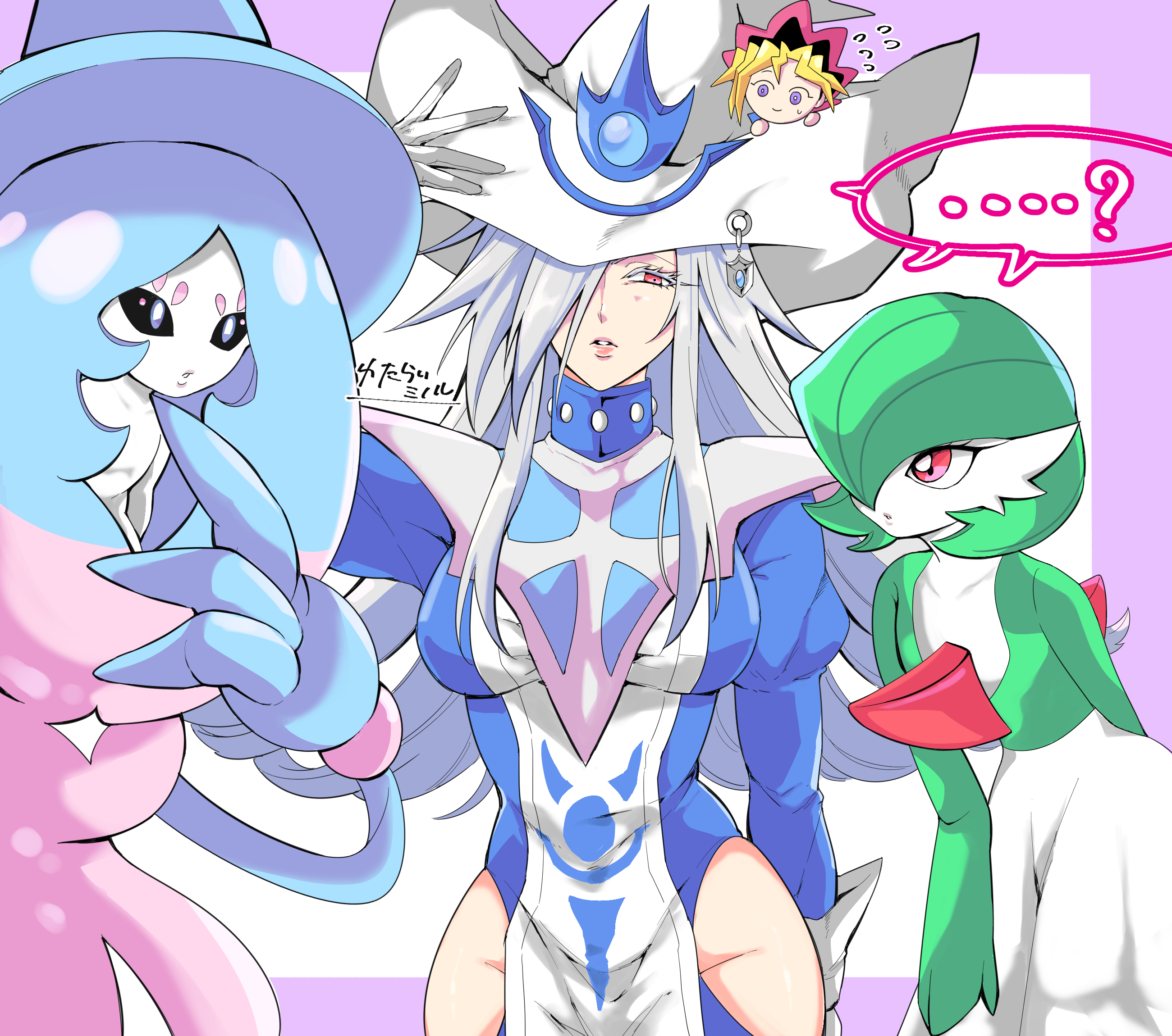 mi manu1950, gardevoir, hatterene, muto yugi, silent magician, nintendo, pokemon, yu-gi-oh!, commentary request, highres, …, 1boy, 3girls, bare hips, black sclera, blonde hair, blue dress, blue hair, bob cut, chibi, clothing cutout, colored sclera, colored skin, crossover, dress, duel monster, gen 3 pokemon, gen 8 pokemon, gloves, green hair, green skin, grey hair, hair over one eye, hand on headwear, hat, hip vent, long hair, multicolored hair, multicolored skin, multiple girls, parted lips, pink eyes, pokemon (creature), prehensile hair, purple eyes, tabard, two-tone skin, white gloves, white hat, white skin, white tabard, wizard hat