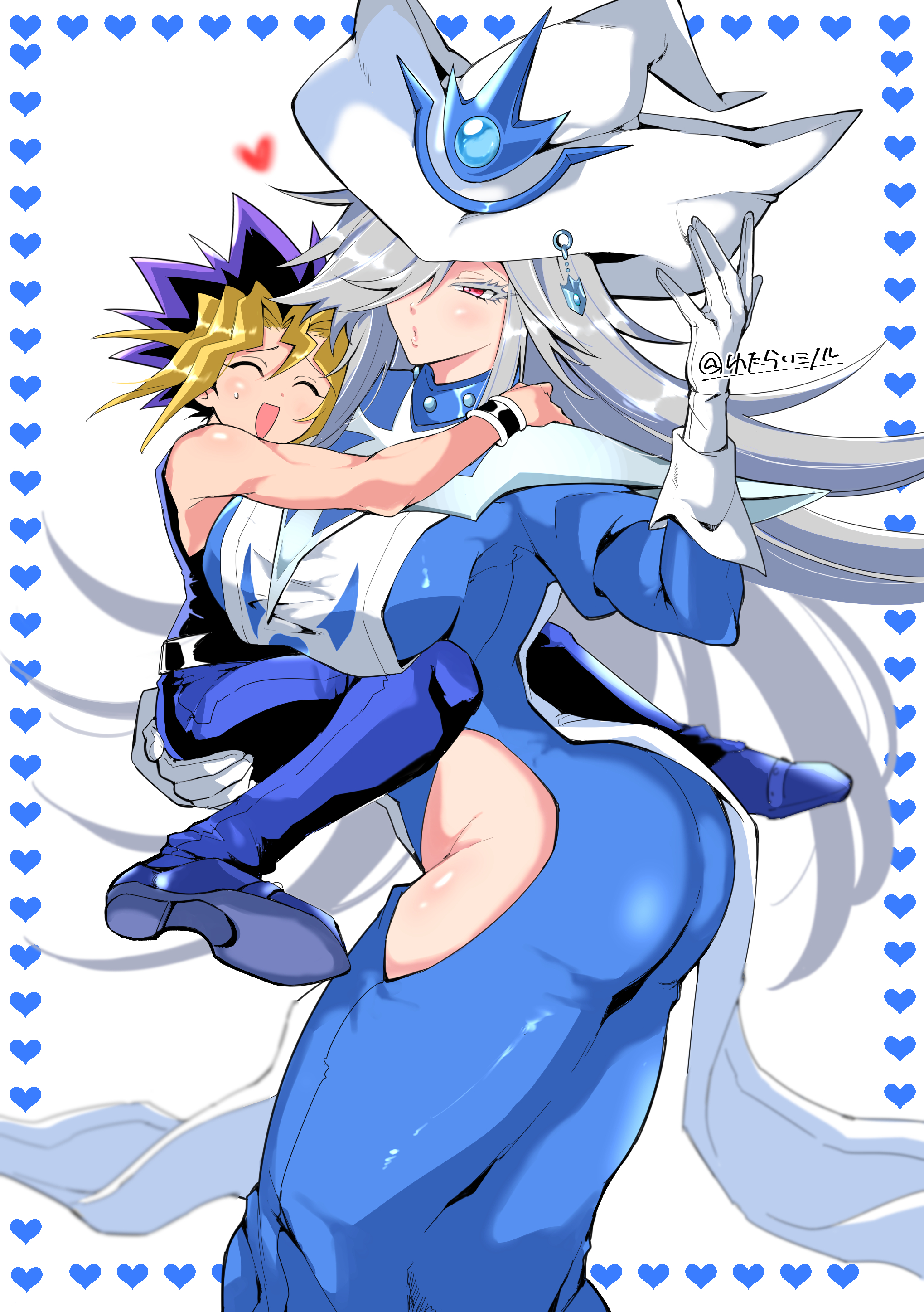 mi manu1950, muto yugi, silent magician, yu-gi-oh!, yu-gi-oh! duel monsters, absurdres, commentary request, highres, 1boy, 1girl, bare shoulders, black hair, black shirt, blonde hair, blue dress, blue pants, breasts, carrying, carrying person, closed eyes, clothing cutout, cowboy shot, dress, duel monster, grey hair, hat, heart, hip vent, large breasts, long hair, medium hair, muscular, muscular male, pants, purple eyes, purple hair, shirt, simple background, size difference, spiked hair, twitter username, white background, white hat
