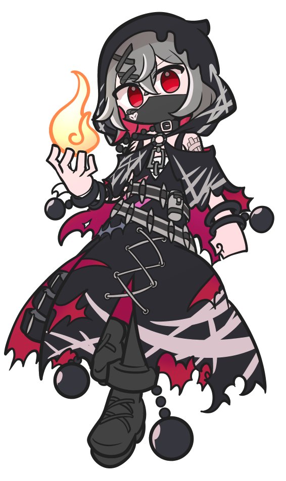 shinmon akika, shito alisa, mahou shoujo no majo saiban, puyopuyo, 1girl, ball and chain restraint, bandaged arm, bandages, black boots, black choker, black cloak, black hood, boots, chained legs, choker, cloak, colored inner hair, fire, grey hair, hair ornament, looking at viewer, magical girl, mask, metal ball, mouth mask, multicolored hair, parody, pyrokinesis, red eyes, short hair, simple background, solo, style parody, torn clothes, white background, x hair ornament