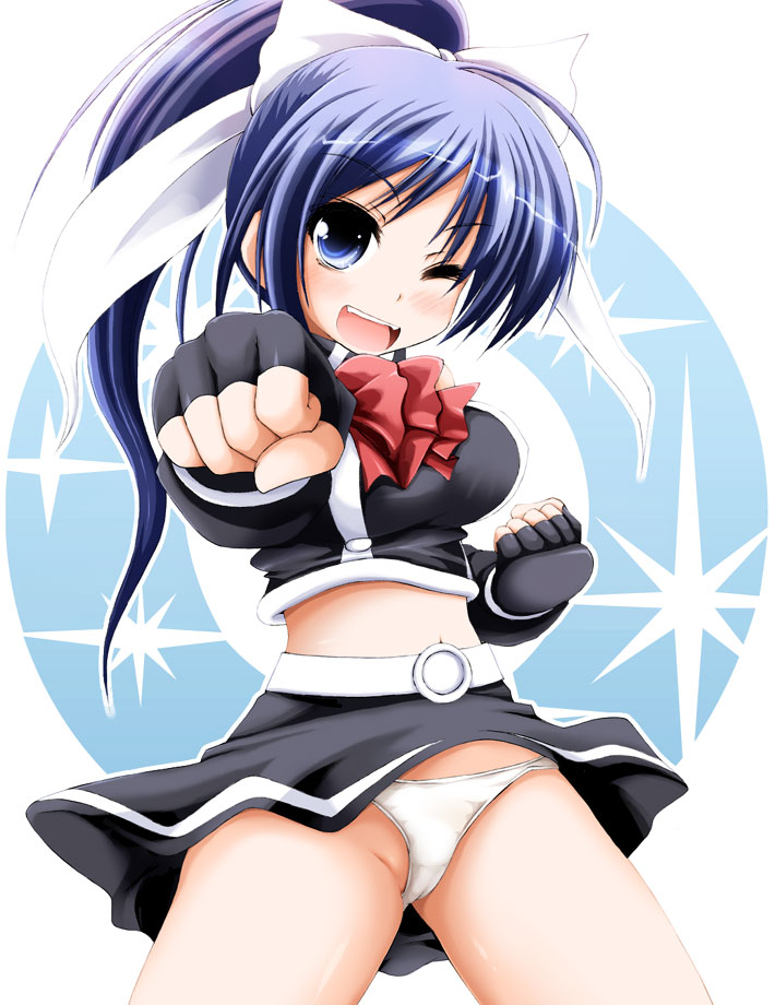 fujisaka lyric, yuri (quiz magic academy), quiz magic academy, 1girl, blue eyes, blue hair, female focus, gloves, matching hair/eyes, panties, ponytail, punching, solo, underwear, white panties