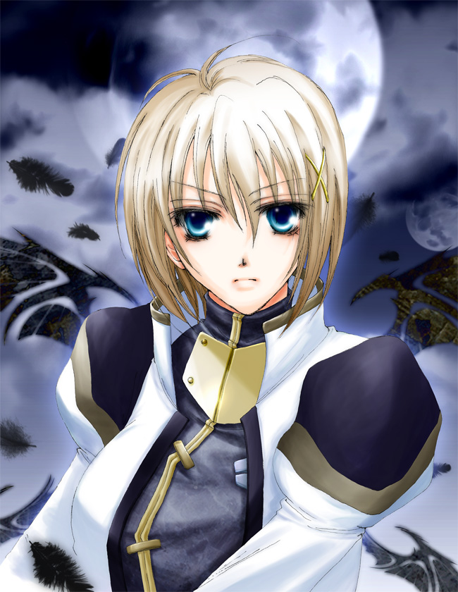 lina (interlude), yagami hayate, lyrical nanoha, mahou shoujo lyrical nanoha, mahou shoujo lyrical nanoha a's, mahou shoujo lyrical nanoha strikers, uniform, 00s, 1girl, androgynous, blonde hair, blue eyes, cloud, female focus, full moon, hair ornament, looking at viewer, moon, short hair, solo, upper body, x hair ornament