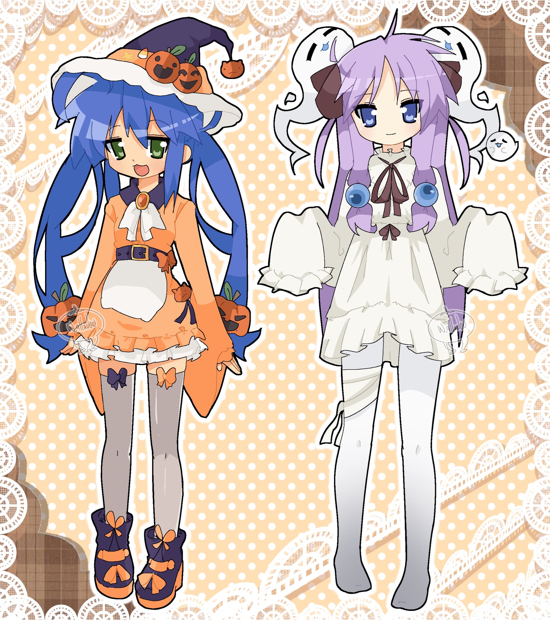 thea (w alladoo), hiiragi kagami, izumi konata, lucky star, highres, 2girls, :3, :d, = =, ahoge, blue eyes, blue hair, character cutout, dress, food-themed hair ornament, ghost, ghost hair ornament, green eyes, grey thighhighs, hair ornament, halloween, hat, jack-o'-lantern, jack-o'-lantern hair ornament, long hair, long sleeves, multiple girls, open mouth, orange background, orange dress, pantyhose, polka dot, polka dot background, pumpkin hair ornament, purple hair, sidelocks, smile, thighhighs, twintails, white dress, white pantyhose, witch hat