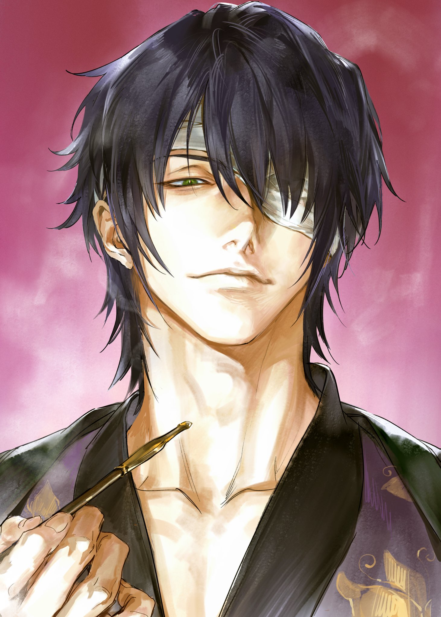 chimmyming, takasugi shinsuke, gintama, highres, 1boy, bandage over one eye, bandaged head, bandages, black hair, closed mouth, collarbone, green eyes, holding, japanese clothes, light smile, lips, looking at viewer, male focus, medium hair, nose, solo, upper body