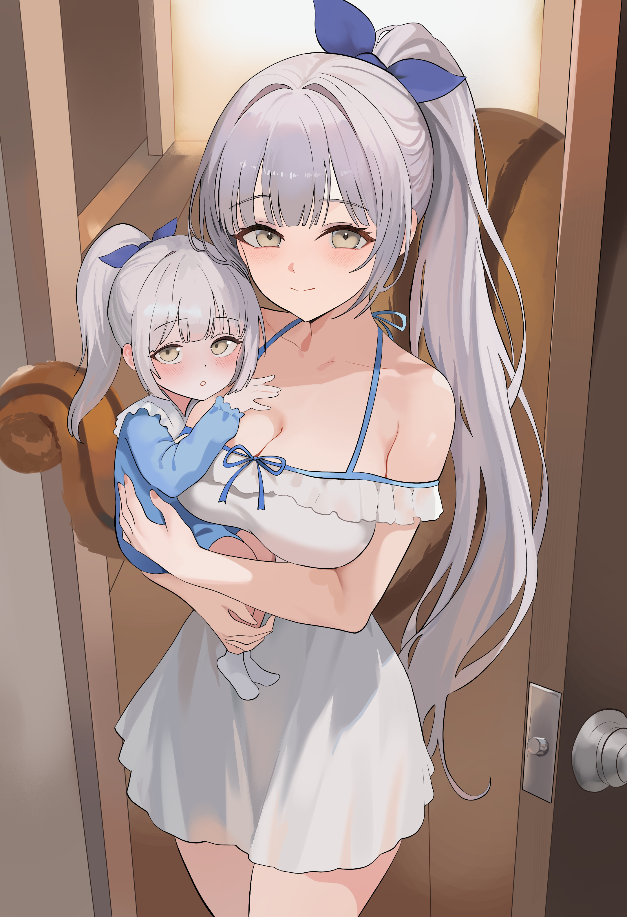 nbee ya, maplestory, absurdres, commentary request, commission, highres, korean commentary, second-party source, 2girls, baby, bow, breasts, brown eyes, carrying, carrying baby, carrying person, closed mouth, door, dress, frilled dress, frills, grey hair, hair bow, high ponytail, large breasts, looking at viewer, multiple girls, open door, player character (maplestory), ponytail, smile, squirrel tail, tail, white dress