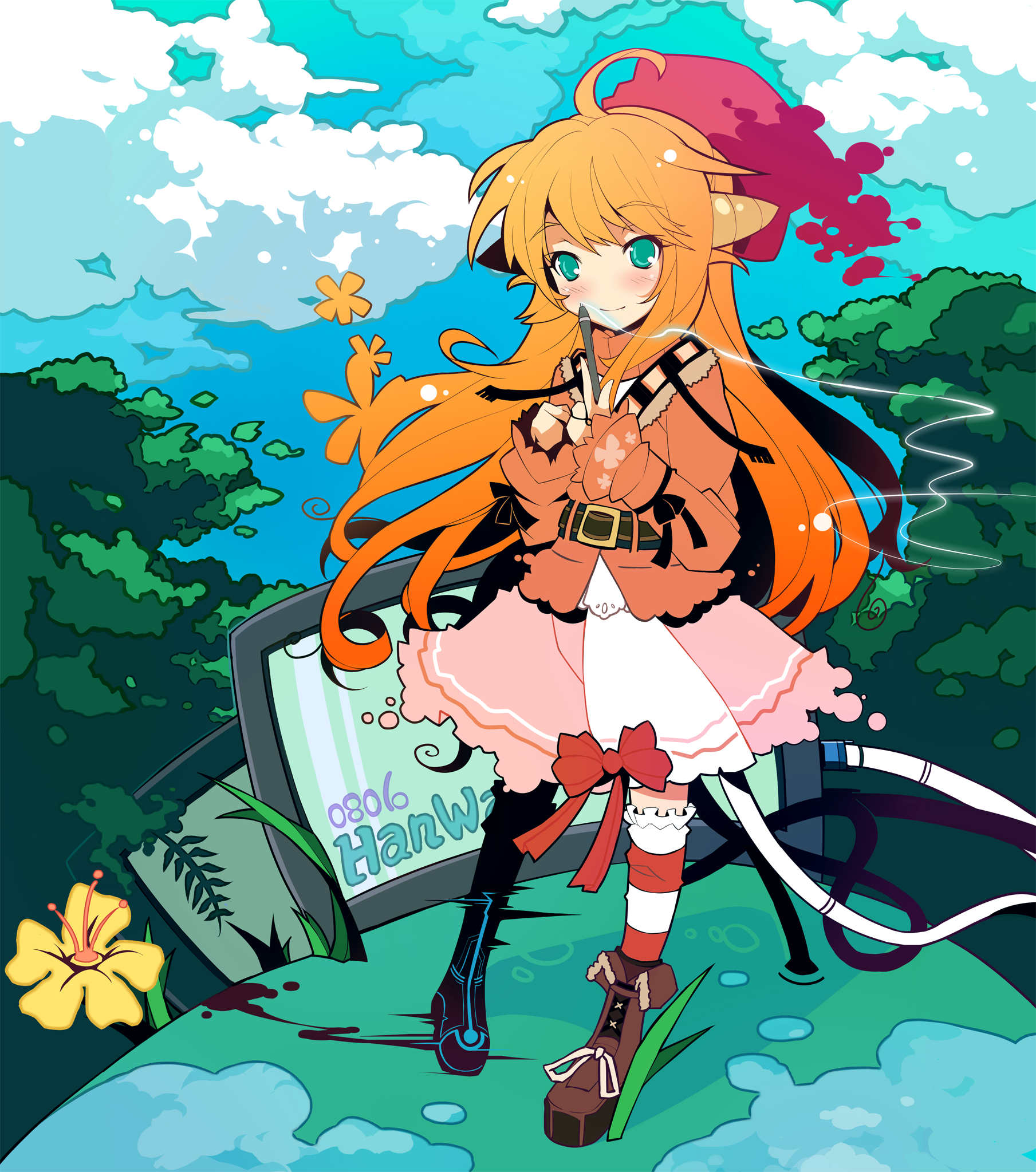 ideolo, ootori rika, original, highres, 1girl, ahoge, aqua eyes, cloud, day, female focus, flat color, long hair, orange hair, pen, smile, solo, thighhighs, tree