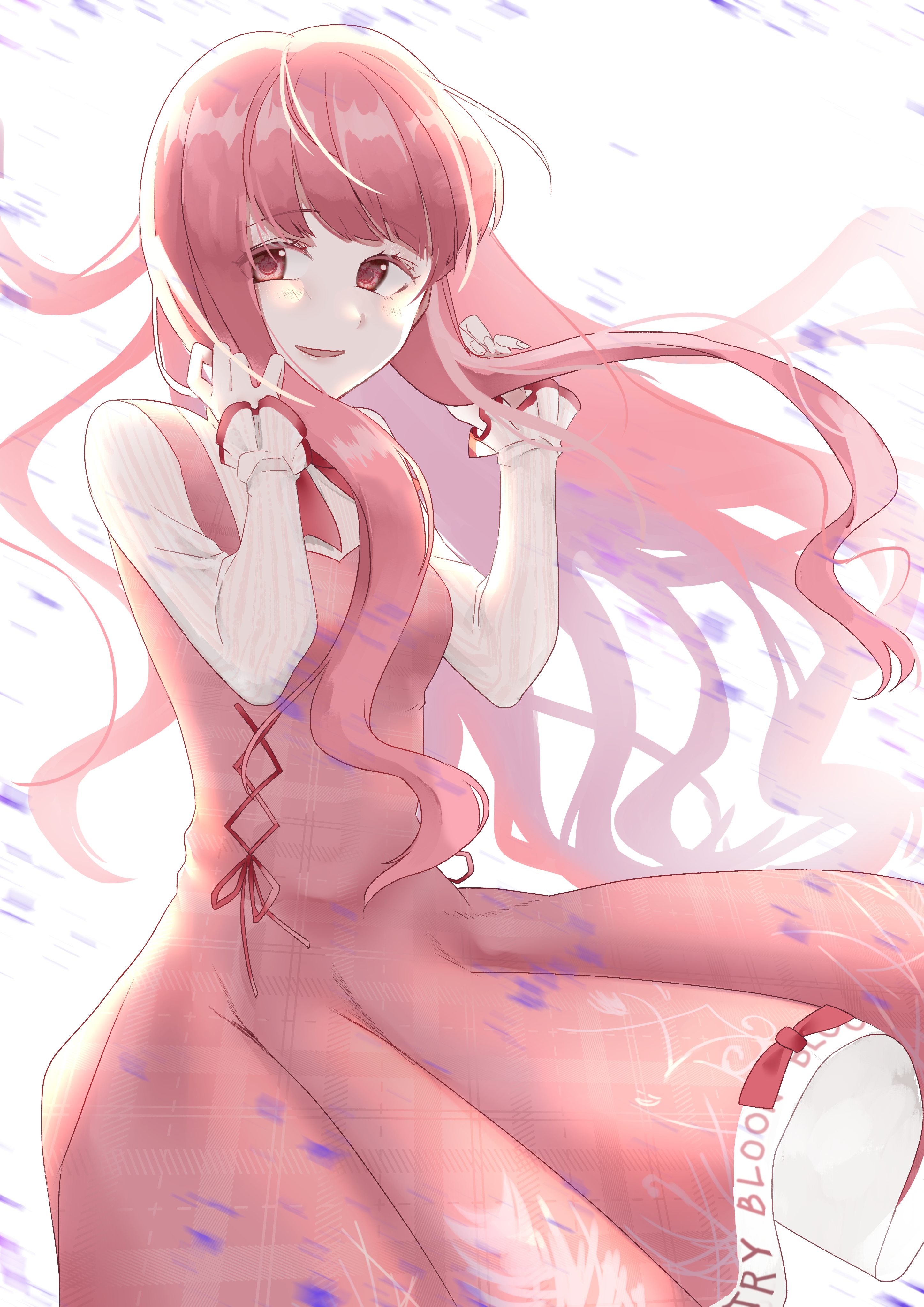 mikojin (pixiv2713884), bloom poetry (shining nikki), nikki (nikki), nikki (series), shining nikki, absurdres, commentary request, highres, 1girl, bow, bowtie, brown eyes, clothes writing, cowboy shot, cross-laced clothes, cross-laced dress, dress, dress bow, dress ribbon, eyelashes, floating clothes, floating hair, floral print, frilled sleeves, frills, happy, holding, holding own hair, lips, long hair, long sleeves, medium dress, open mouth, pale skin, petals, pinafore dress, pink dress, pink hair, plaid clothes, plaid dress, pleated dress, print dress, red bow, red bowtie, red ribbon, ribbon, shirt, simple background, sleeveless, sleeveless dress, sleeves past wrists, smile, solo, standing, very long hair, wavy hair, white background, white shirt, wind