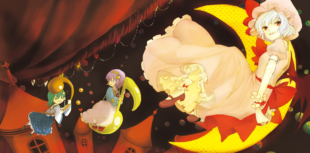 sugi, kochiya sanae, komeiji satori, remilia scarlet, touhou, bad id, bad pixiv id, > <, 3girls, bat wings, closed eyes, dress, fangs, female focus, hair ornament, hat, moon, multiple girls, musical note, red eyes, ribbon, wings