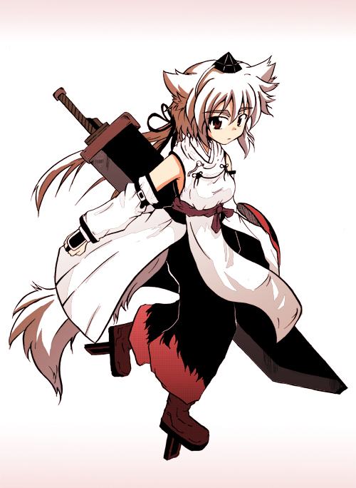be-con, inubashiri momiji, touhou, silver hair, 1girl, animal ears, black hat, detached sleeves, female focus, geta, hair between eyes, hat, robe, short hair, simple background, solo, sword, tengu-geta, weapon, weapon on back, white background, white robe, wolf ears