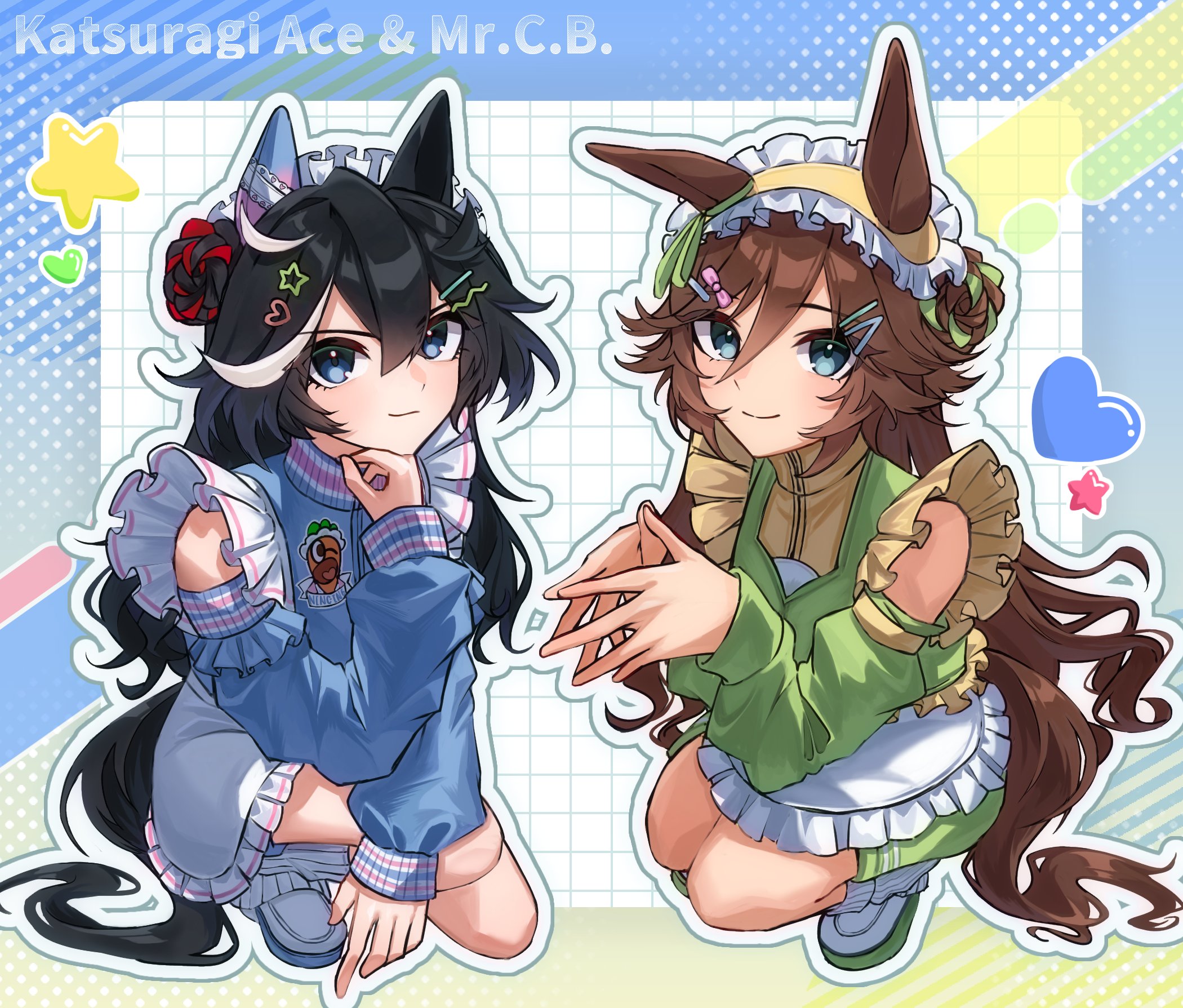 katsuragi ace (umamusume), mr. c.b. (umamusume), umamusume, highres, 2girls, alternate costume, animal ears, apron, black hair, blue eyes, blue jacket, blue sleeves, blush, breasts, brown hair, closed mouth, detached sleeves, ear covers, frilled apron, frills, green jacket, green sleeves, hair between eyes, hair bun, hair ornament, hairclip, headdress, heart, horse ears, horse girl, horse tail, jacket, jersey maid, kneehighs, long hair, long sleeves, looking at viewer, loose socks, maid, maid apron, maid headdress, multicolored hair, multiple girls, single ear cover, smile, socks, squatting, star (symbol), star hair ornament, streaked hair, tail, track jacket, unconventional maid, waist apron, washwash0256, white apron, white hair