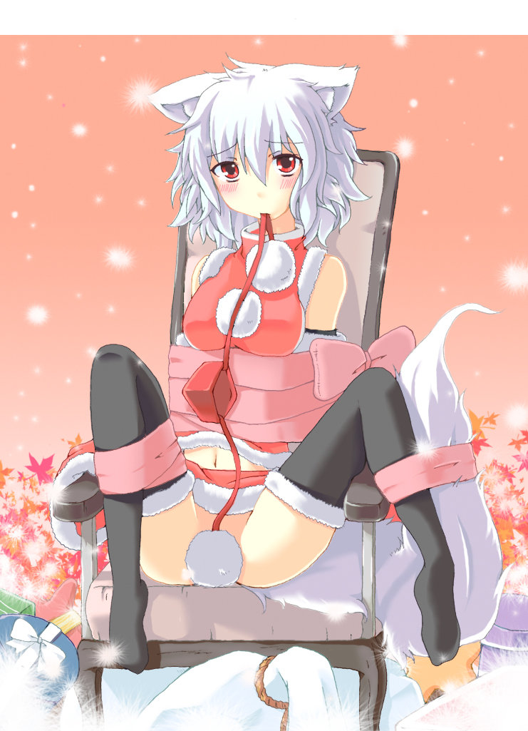 nejime, inubashiri momiji, touhou, silver hair, bad id, bad pixiv id, 1girl, animal ears, bare shoulders, bdsm, blush, bondage, bound, bow, christmas, detached sleeves, feet, female focus, frogtie, gift, hat, midriff, mouth hold, navel, no panties, red eyes, ribbon, ribbon bondage, santa costume, short hair, solo, tail, thighhighs, tokin hat, wolf ears, wolf tail