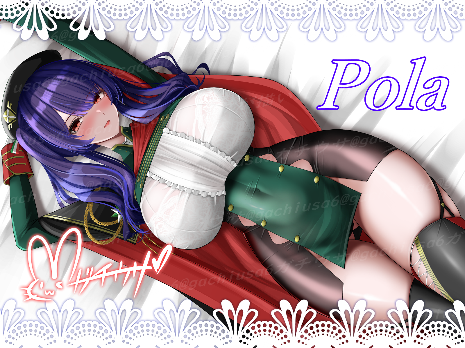 hisin, pola (azur lane), azur lane, commentary request, highres, partial commentary, 1girl, aiguillette, arms up, bed sheet, black cape, black dress, black panties, black thighhighs, blunt bangs, blush, breasts, cape, center frills, character name, covered navel, cowboy shot, dress, framed breasts, frills, garter straps, green dress, hair between eyes, huge breasts, italian flag, long hair, looking at viewer, lying, nose blush, on back, panties, pantyshot, parted lips, purple hair, red cape, red eyes, shadow, shirt, sidelocks, signature, skindentation, smile, solo, taut clothes, taut dress, taut shirt, thighhighs, thighs, twintails, two-tone cape, two-tone dress, underwear, watermark, white shirt, zettai ryouiki