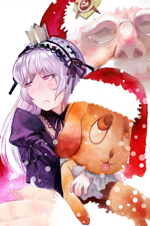 moruga, kunkun, santa claus, suigintou, rozen maiden, silver hair, 00s, christmas, crown, frown, hammer and sickle, hat, lolita fashion, long hair, old, old man, pink eyes, red hat, santa hat, snow, soviet, v-shaped eyebrows