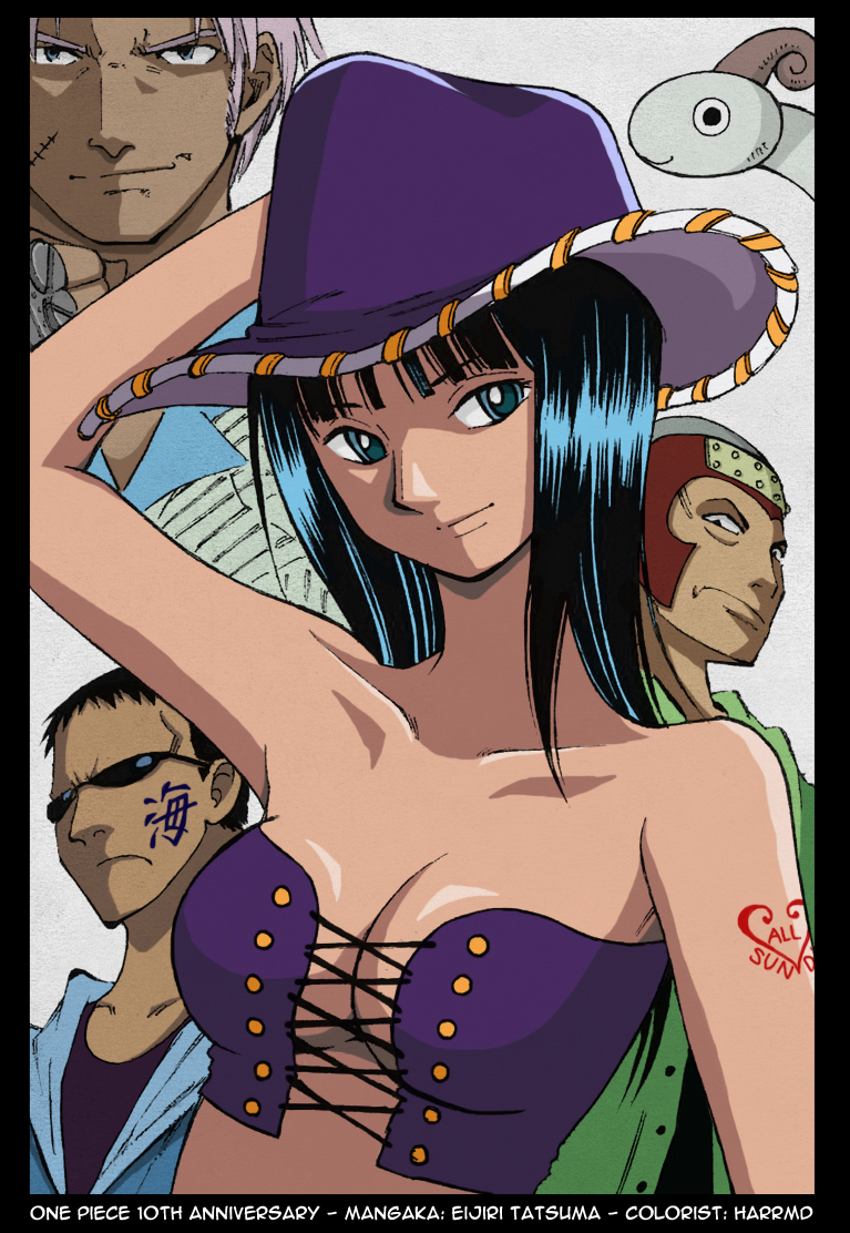 tatsuma ejiri, fullbody (one piece), going merry, johnny (one piece), nico robin, nico robin (whisky peak), yosaku (one piece), one piece, colorized, third-party edit, 1girl, 3boys, bare shoulders, black hair, blue eyes, breasts, cleavage, cowboy hat, hand on headwear, hat, medium breasts, multiple boys, pink hair, scar, sunglasses
