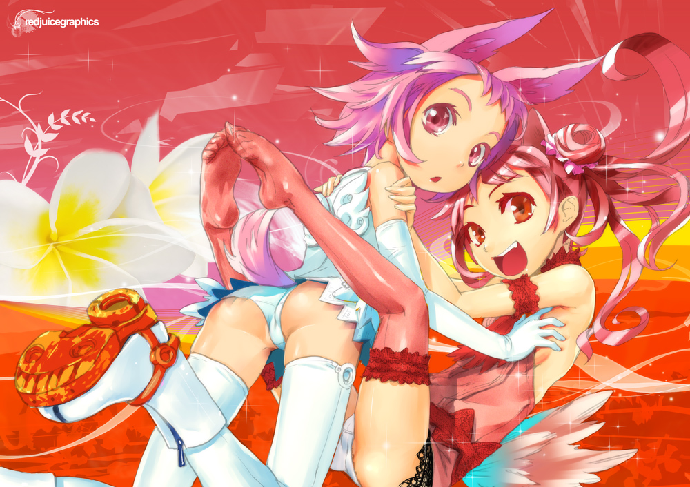redjuice, original, 2girls, animal ears, ass, blue panties, elbow gloves, feet, flat chest, gloves, multiple girls, panties, purple hair, red hair, tail, thighhighs, twintails, underwear, white panties, yuri