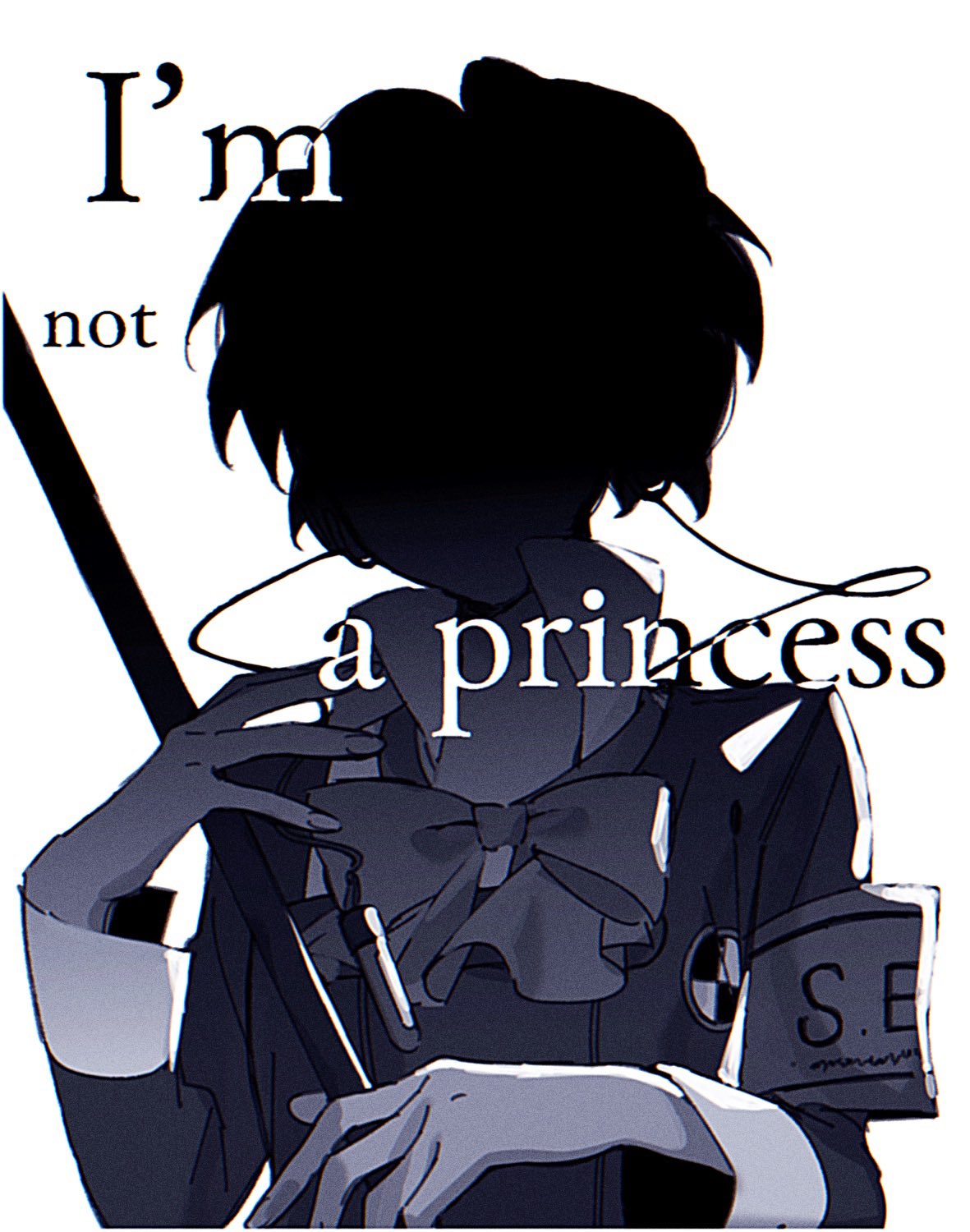 shiomi kotone, persona, persona 3, persona 3 portable, highres, 1girl, bow, english text, faceless, faceless female, gekkoukan high school uniform, greyscale, headphones, monochrome, school uniform, short hair, simple background, solo, white background