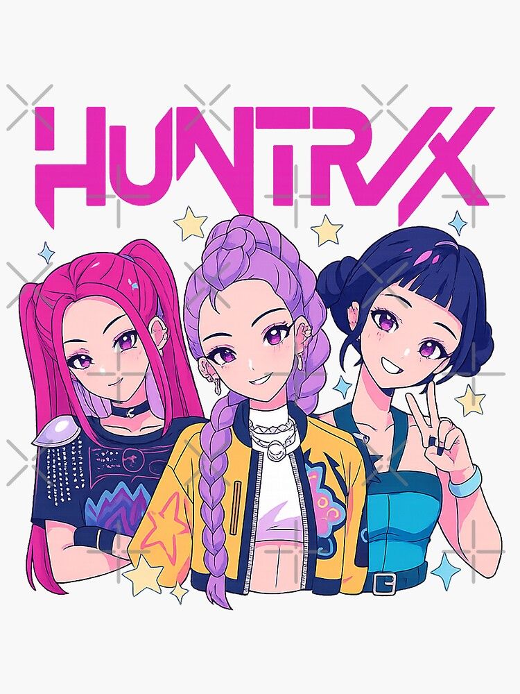 mira (kpop demon hunters), rumi (kpop demon hunters), zoey (kpop demon hunters), kpop demon hunters, artist request, commentary request, non-web source, source request, 3girls, black hair, body markings, braid, braided ponytail, crop top, double bun, earrings, hair bun, jewelry, long braid, long hair, looking at viewer, multiple girls, pink hair, purple hair, shirt, short hair, sidelocks, smile, twintails
