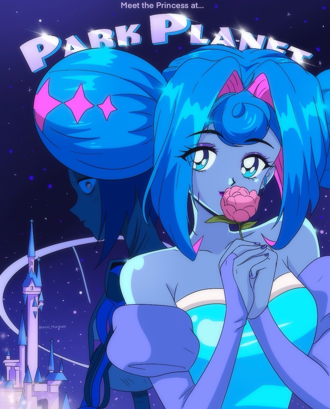 brenni murasaki, princess guinevere, bishoujo senshi sailor moon, knights of guinevere, highres, 1990s (style), 1girl, animification, blue eyes, blue hair, blue lips, castle, curtained hair, detached sleeves, dress, dual persona, flower, parody, parted bangs, petals, pink flower, princess, purple dress, retro artstyle, smile, solo